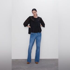 Zara black sheer tassel trim puff sleeve shirt